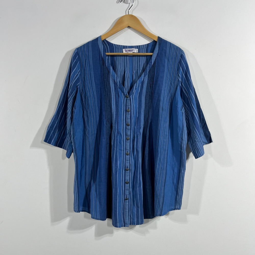 Roamans Y2K Renfair Blue Striped Pintuck Boho Button Front Cotton Top Womens 14